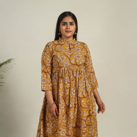 Buy Yellow Printed Cotton Flared Kalamkari Kurta For Women