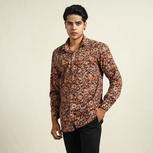 Maroon - Kalamkari Block Printed Cotton Men Full Sleeve Shirt 14