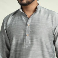 Grey - Plain Dyed Slub Silk Men Long Kurta