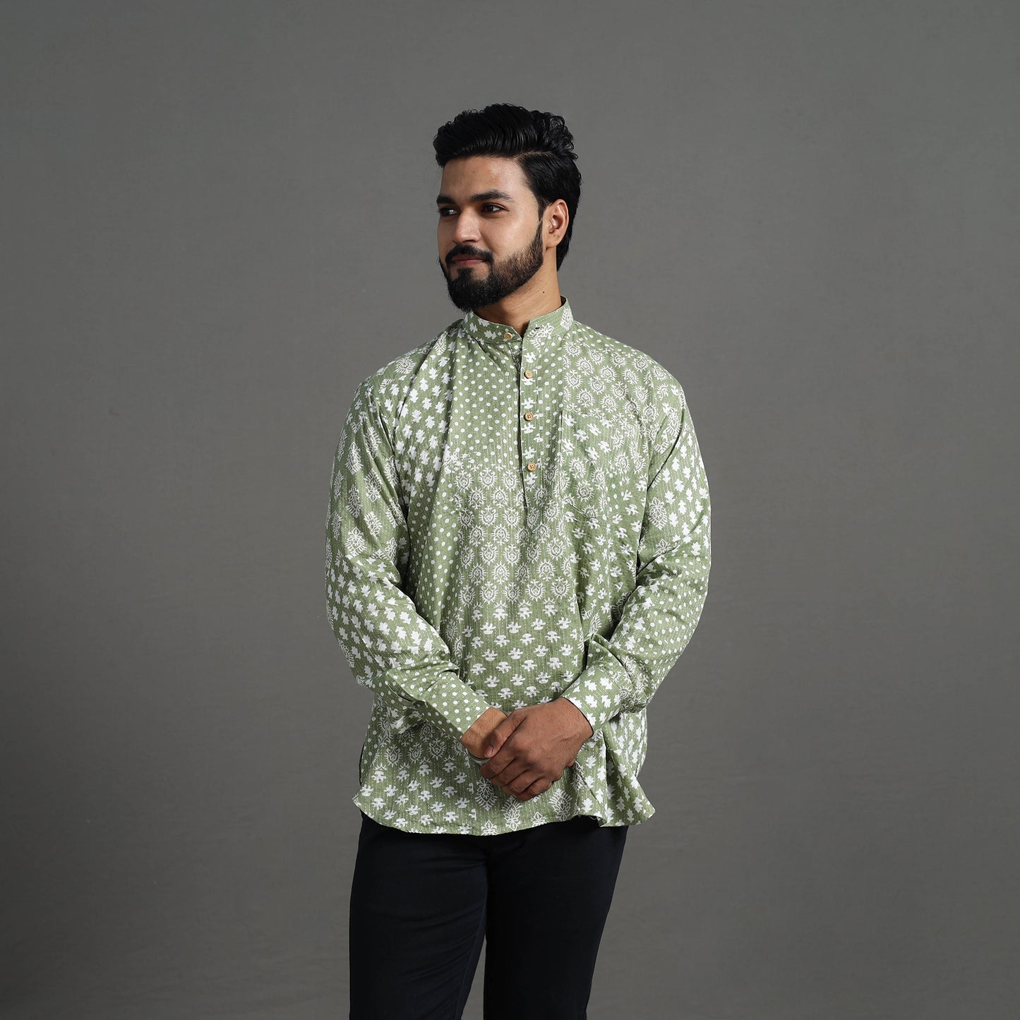 Kantha Stitch Cotton Short Sanganeri Kurta for Men 12