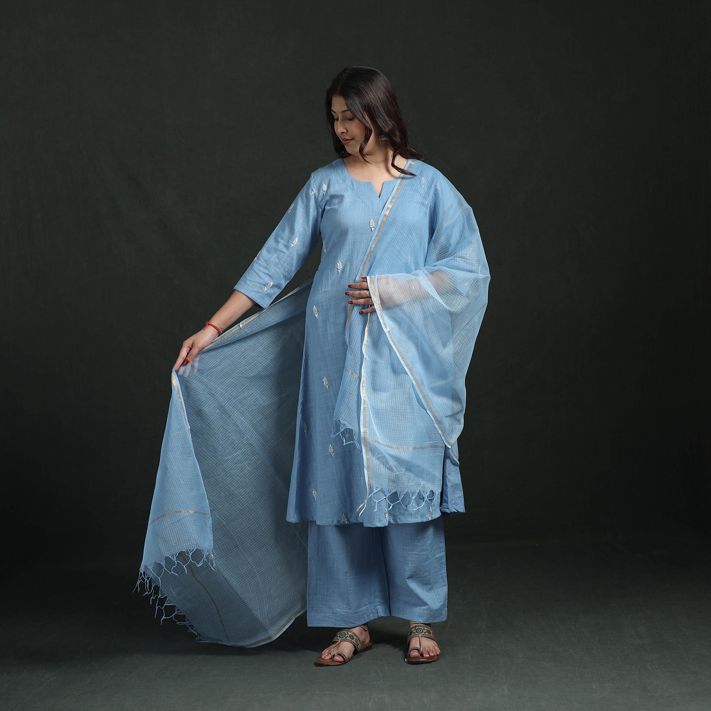 Blue - Plain Slub Cotton Hand Embroidered Suit Set with Dupatta for women 01