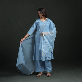 Blue - Plain Slub Cotton Hand Embroidered Suit Set with Dupatta for women 01