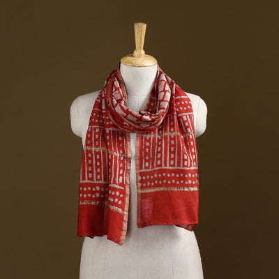 Red - Pipad Hand Block Print Natural Dyed Chanderi Silk Handloom Stole 40