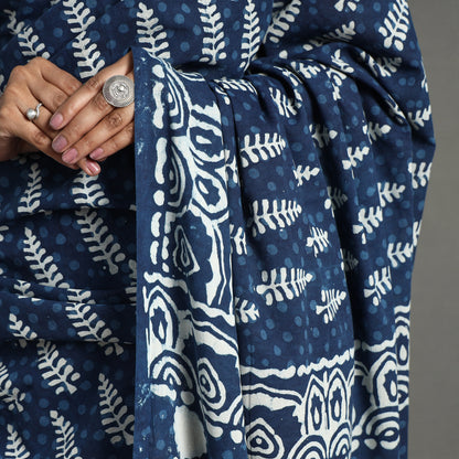 Blue - Bagru Hand Block Printed Mul Cotton Natural Dyed Saree 14