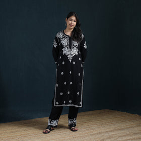 Black - Hand Embroidered Rayon Chikankari Kurta with Pant Set for Women 06