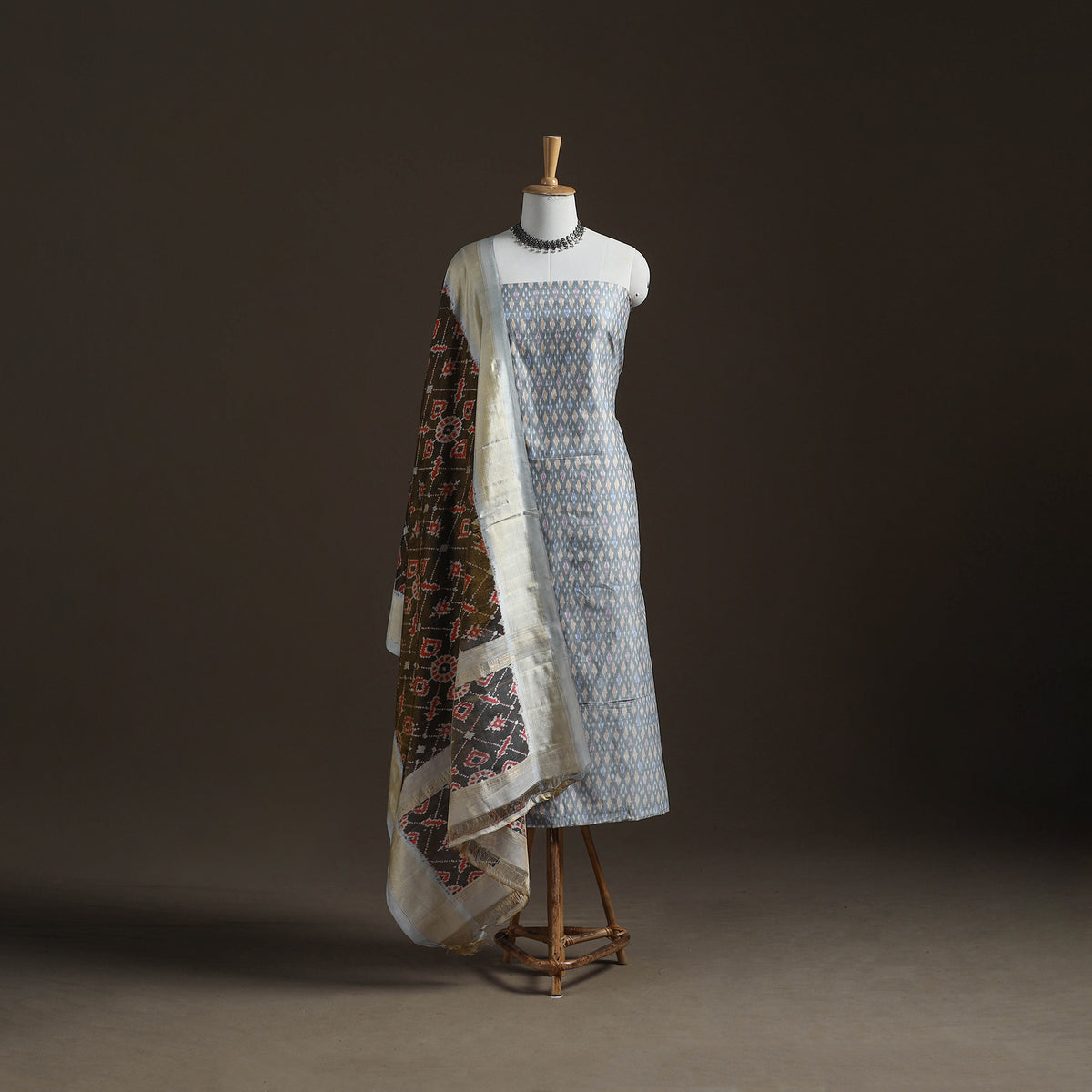 Pochampally Ikat Handloom Sico Unstitched Dress Material: Kurta with Mulberry Silk Dupatta 36
