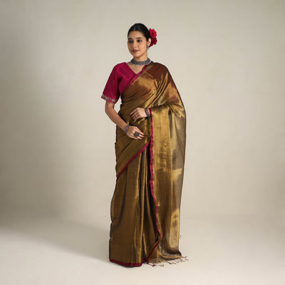 Brown - Fine Tissue Zari Bengal Saree with Embroidered Blouse 02