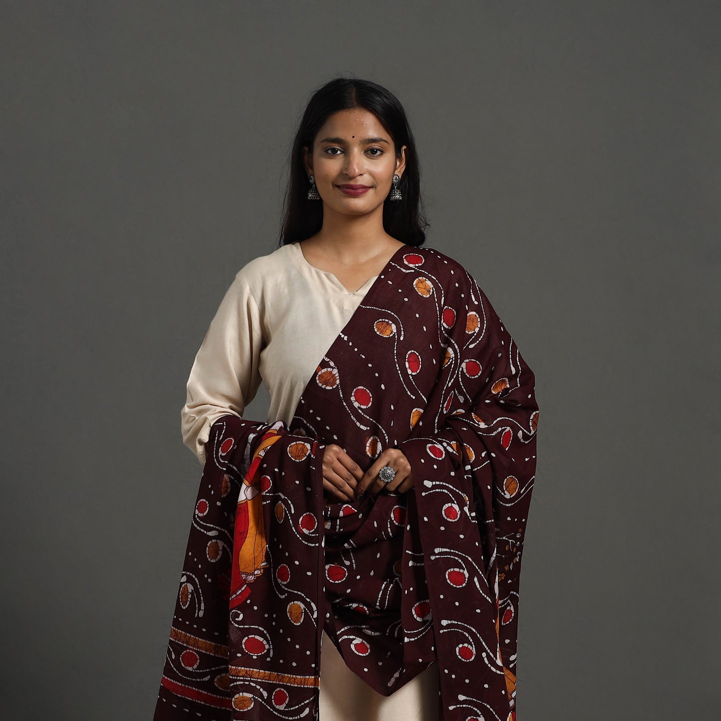 Brown - Cotton Hand Batik Print Dupatta 29