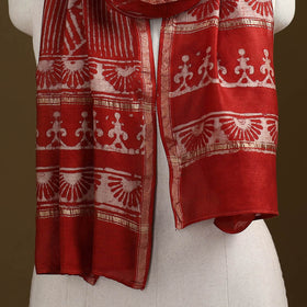 Red - Pipad Hand Block Print Natural Dyed Chanderi Silk Handloom Stole 41