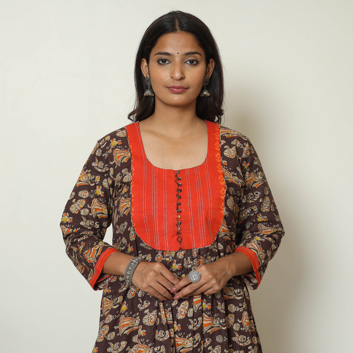 Brown - Kalamkari Printed Cotton A-Line Long Kurta with Patchwork 71