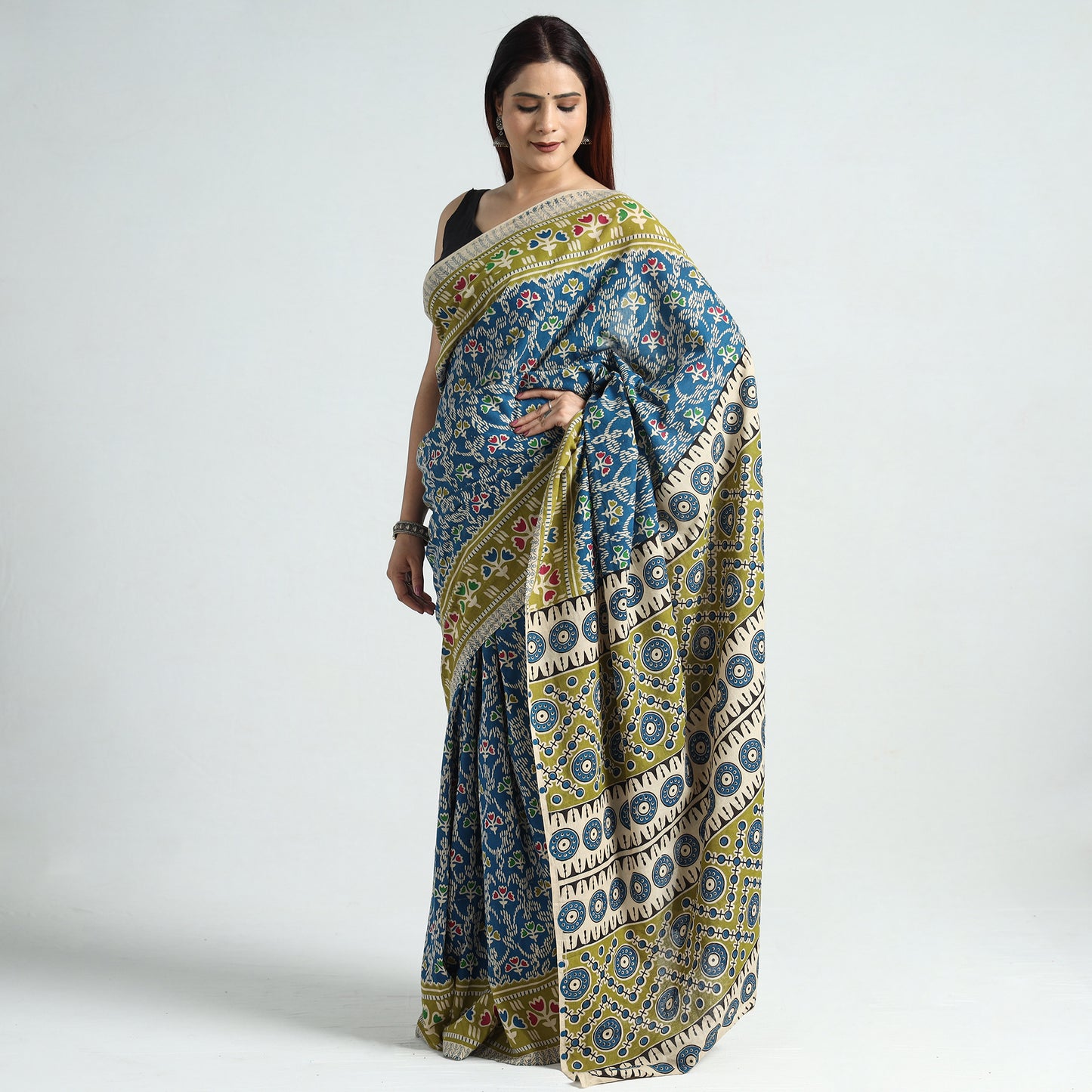 Blue - Kalamkari Printed Cotton Saree with Blouse Piece 32