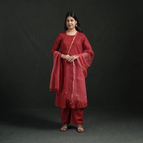 Plain Slub Cotton Hand Embroidered Suit Set with Dupatta for women 13