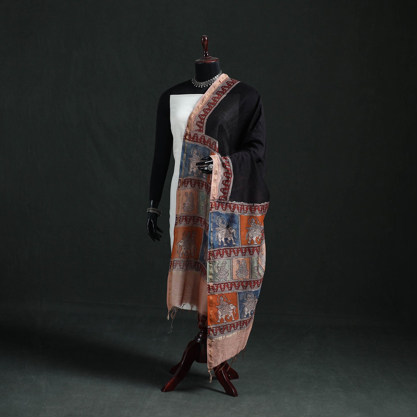 Multicolor - Mata Ni Pachedi Handpainted Natural Dyed Chanderi Silk Handloom Dupatta 08
