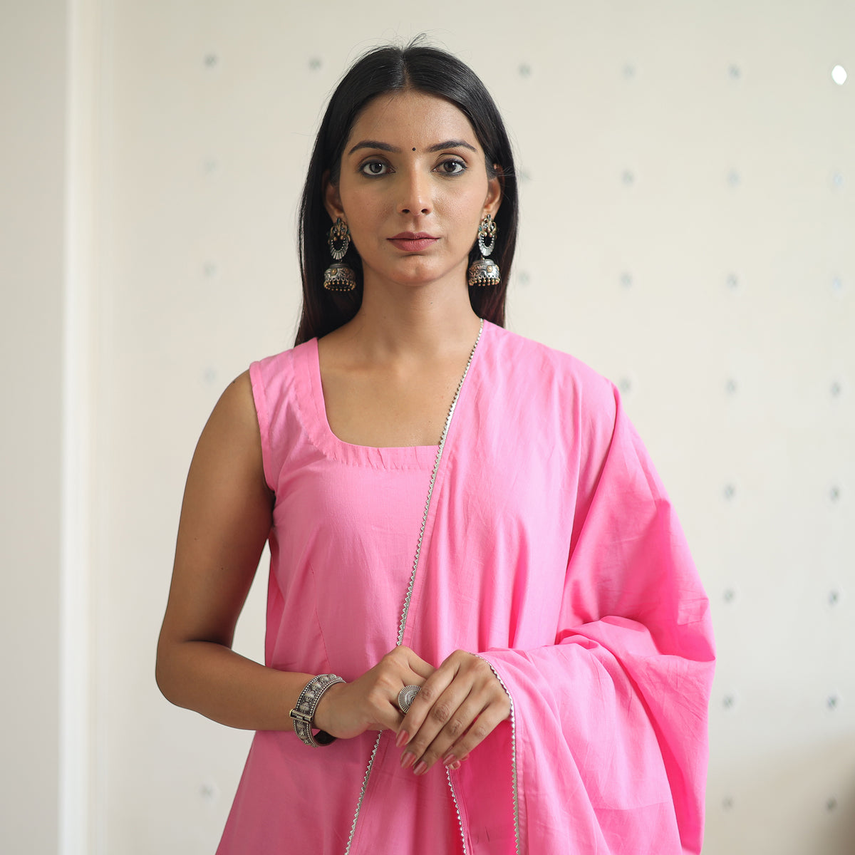 Rasika Pink Cotton Flared Kurta with Palazzo & Dupatta Set