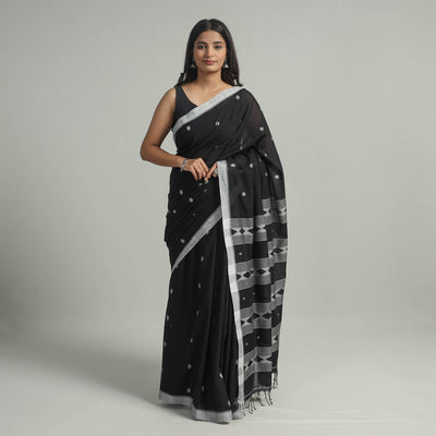 Black - Handloom Cotton Phulia Jamdani Saree with Tassels 13