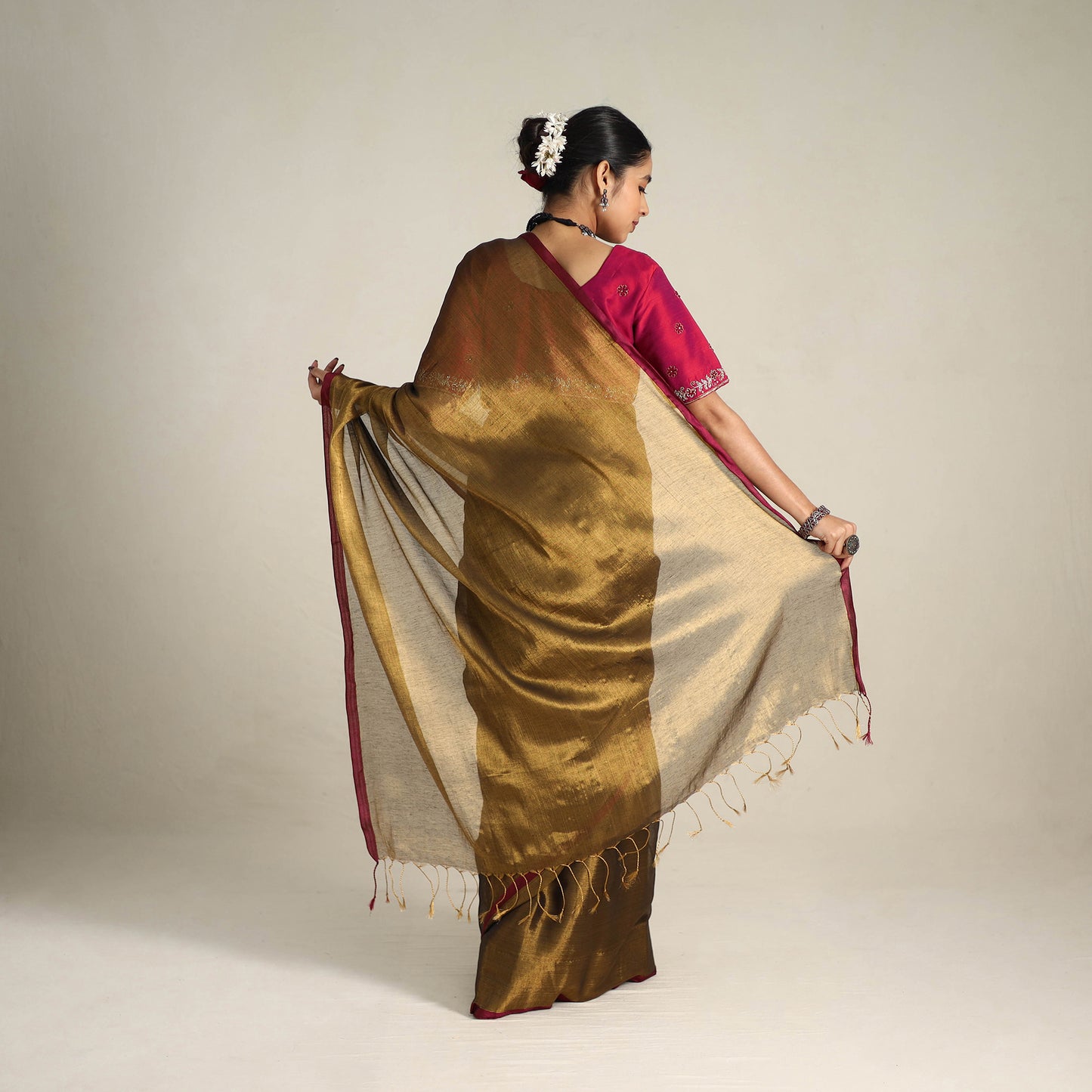 Brown - Fine Tissue Zari Bengal Saree with Embroidered Blouse 02