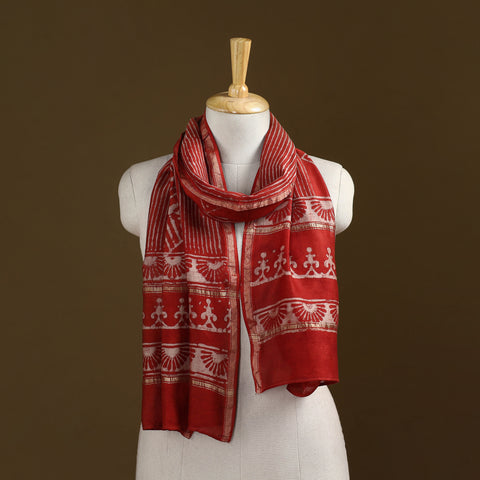 Red - Pipad Hand Block Print Natural Dyed Chanderi Silk Handloom Stole 41