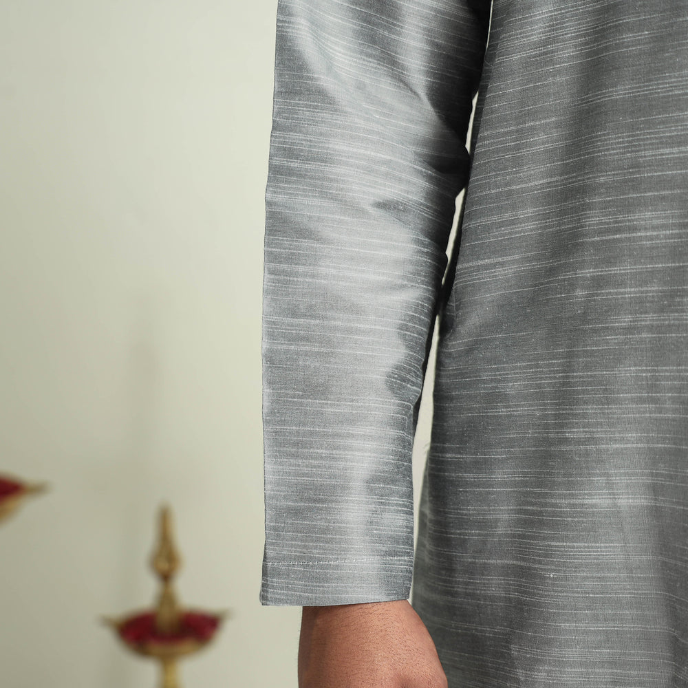 Grey - Plain Dyed Slub Silk Men Long Kurta