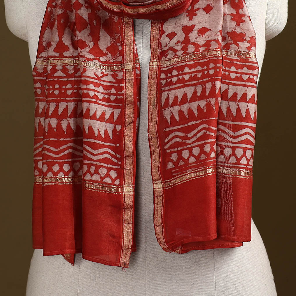 Red - Pipad Hand Block Print Natural Dyed Chanderi Silk Handloom Stole 42