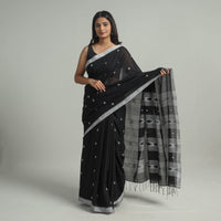 Black - Handloom Cotton Phulia Jamdani Saree with Tassels 13