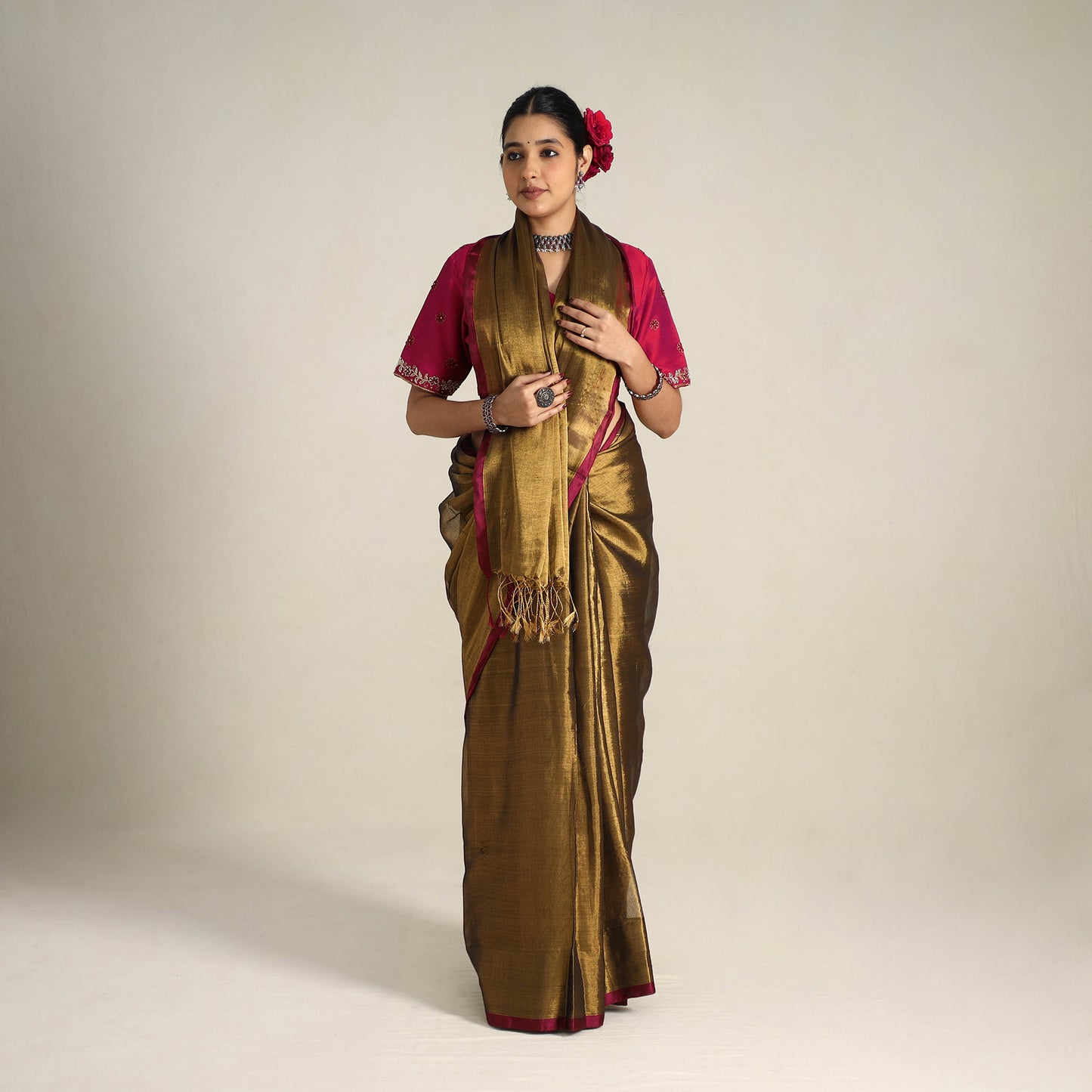 Brown - Fine Tissue Zari Bengal Saree with Embroidered Blouse 02