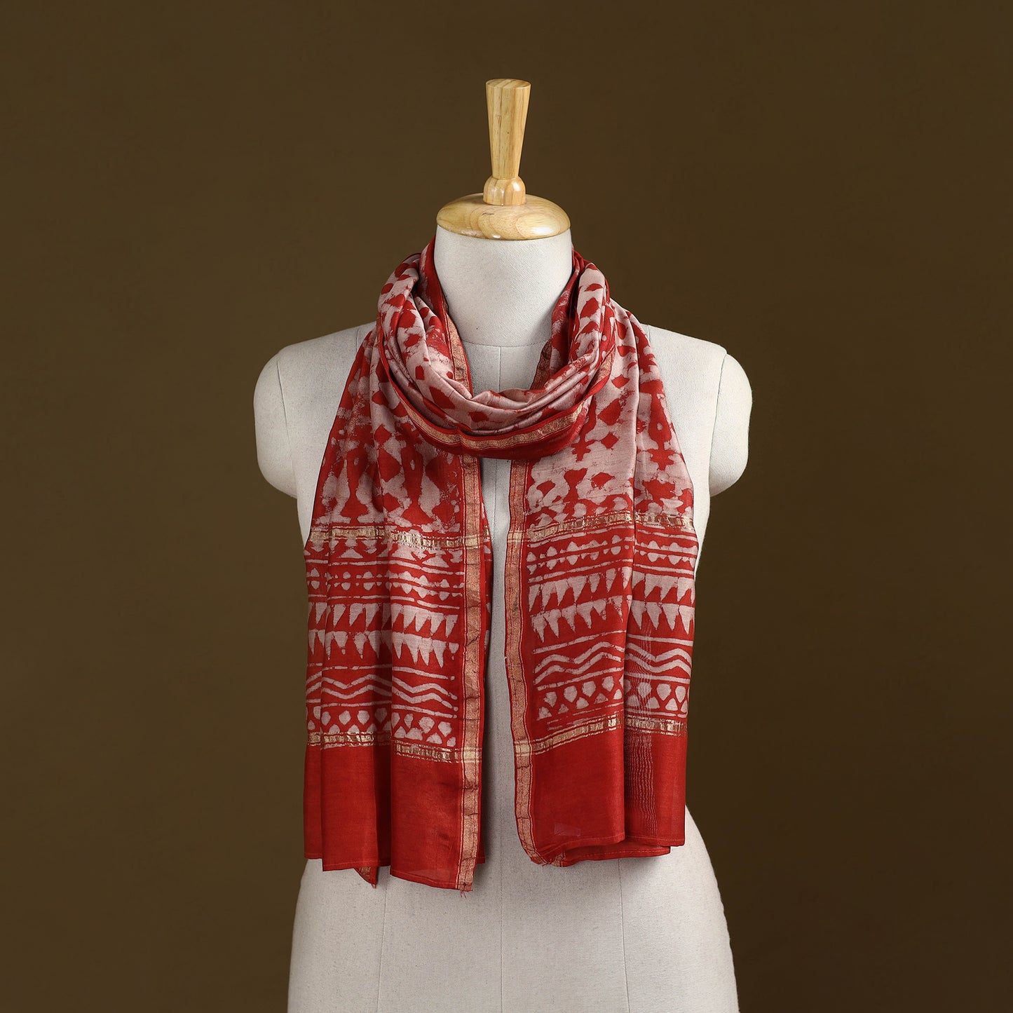 Red - Pipad Hand Block Print Natural Dyed Chanderi Silk Handloom Stole 42