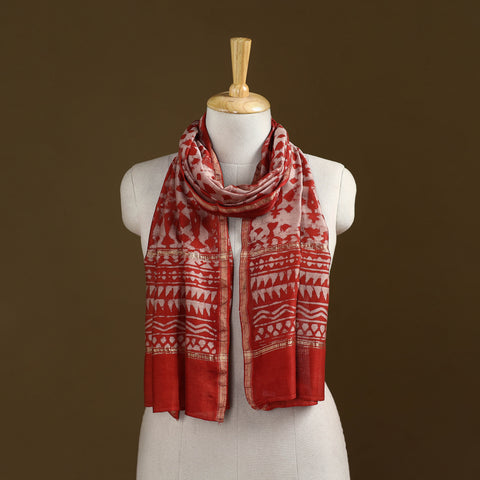 Red - Pipad Hand Block Print Natural Dyed Chanderi Silk Handloom Stole 42