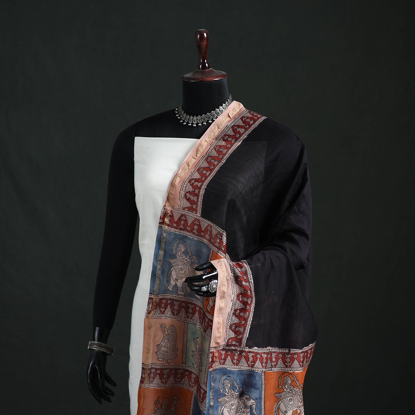 Multicolor - Mata Ni Pachedi Handpainted Natural Dyed Chanderi Silk Handloom Dupatta 08
