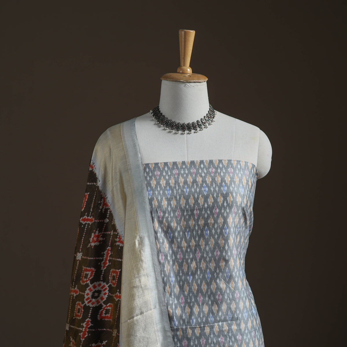 Pochampally Ikat Handloom Sico Unstitched Dress Material: Kurta with Mulberry Silk Dupatta 36