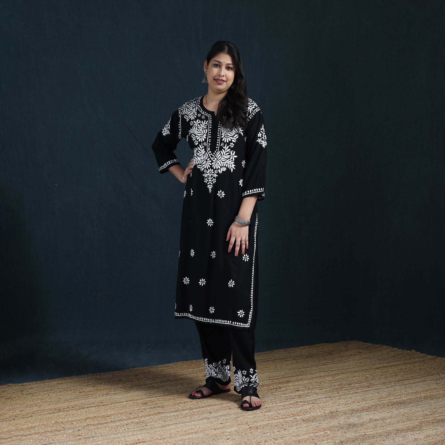 Black - Hand Embroidered Rayon Chikankari Kurta with Pant Set for Women 06