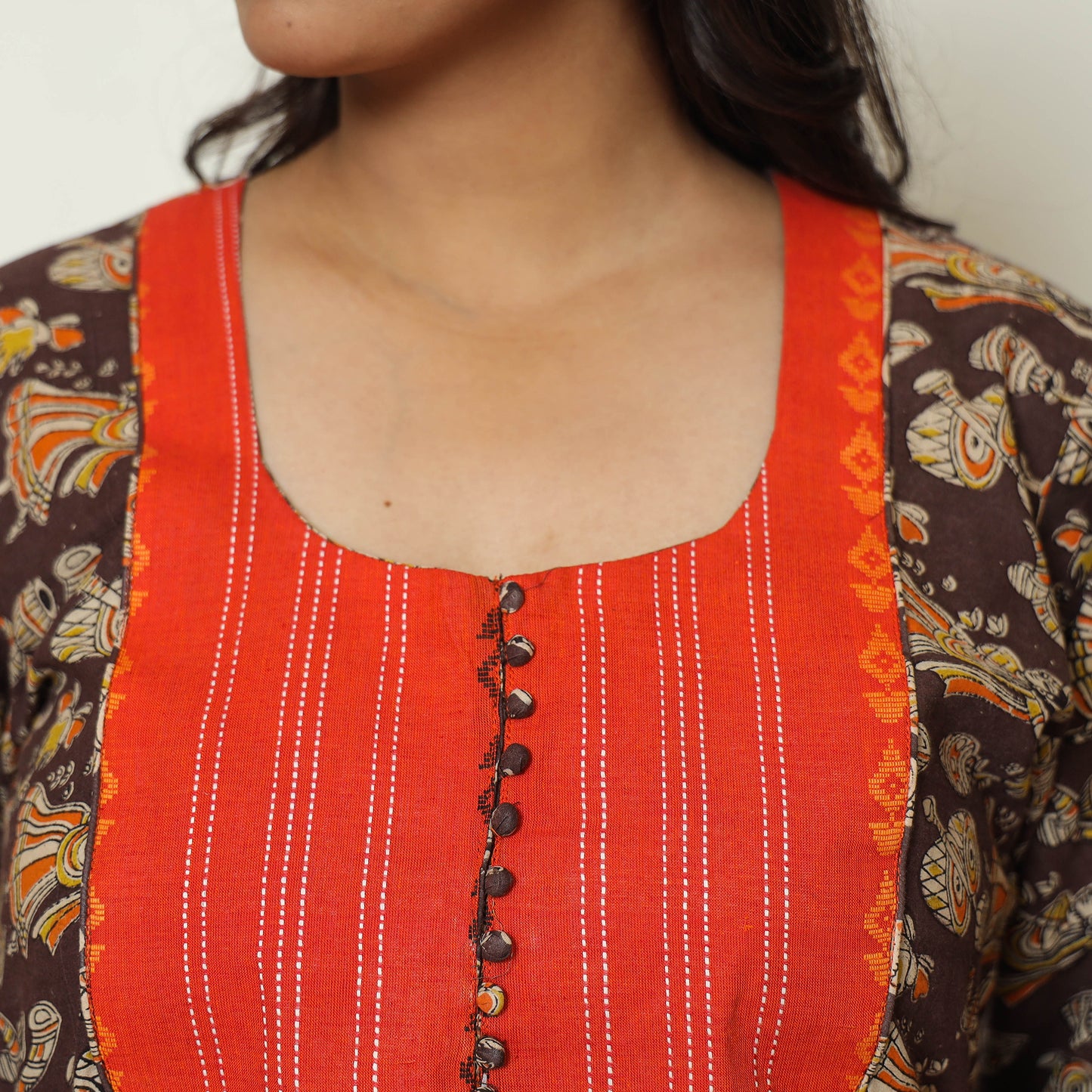 Brown - Kalamkari Printed Cotton A-Line Long Kurta with Patchwork 71