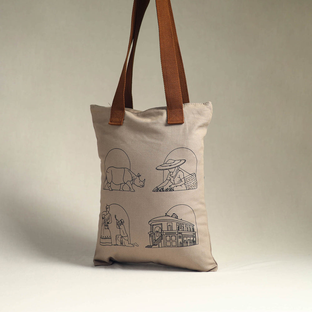 Beige - Assam's Iconic Symbols Cotton Canvas Tote Bag