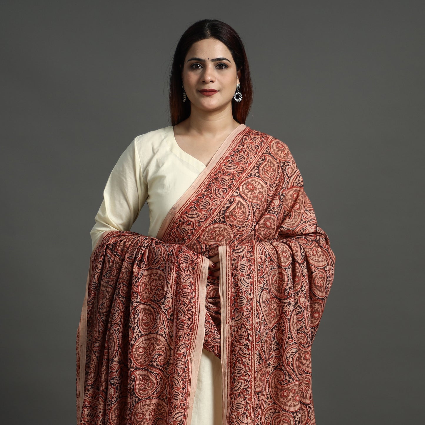 Red - Pedana Kalamkari Block Printed Cotton Dupatta 162