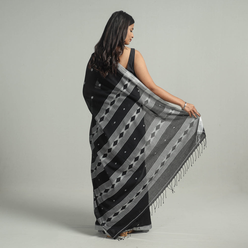 Black - Handloom Cotton Phulia Jamdani Saree with Tassels 13