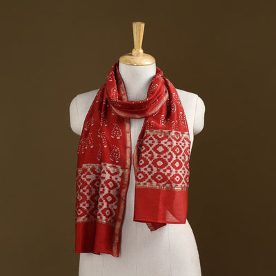Red - Pipad Hand Block Print Natural Dyed Chanderi Silk Handloom Stole 43