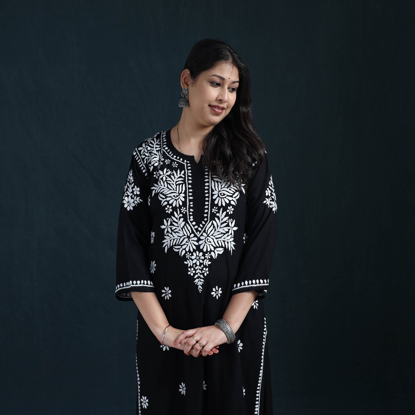 Black - Hand Embroidered Rayon Chikankari Kurta with Pant Set for Women 06