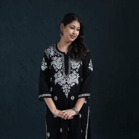 Black - Hand Embroidered Rayon Chikankari Kurta with Pant Set for Women 06