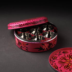 Banaras Handpainted Stainless Steel Pink Masala Box