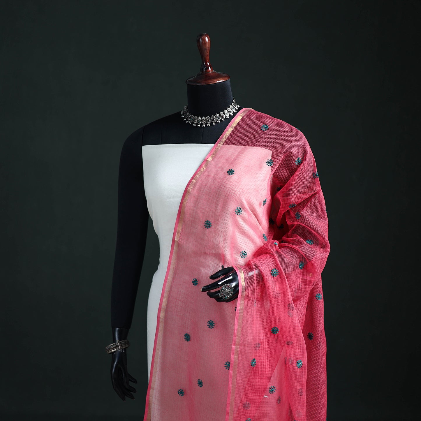 Kota Doria Cotton Embroidered Plain Dupatta 12