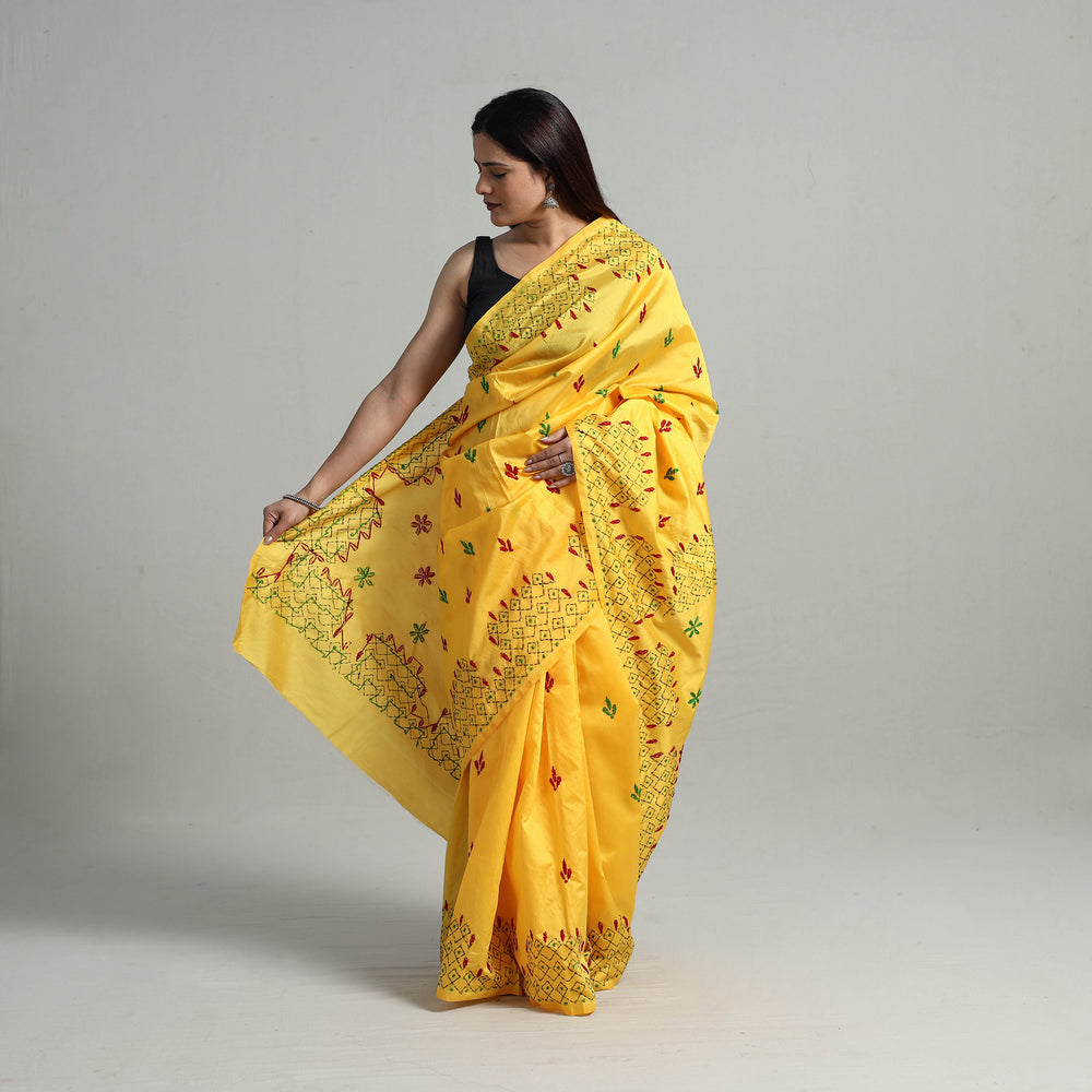 Yellow - Handcrafted Bengal Nakshi Kantha Work Silk Saree 09