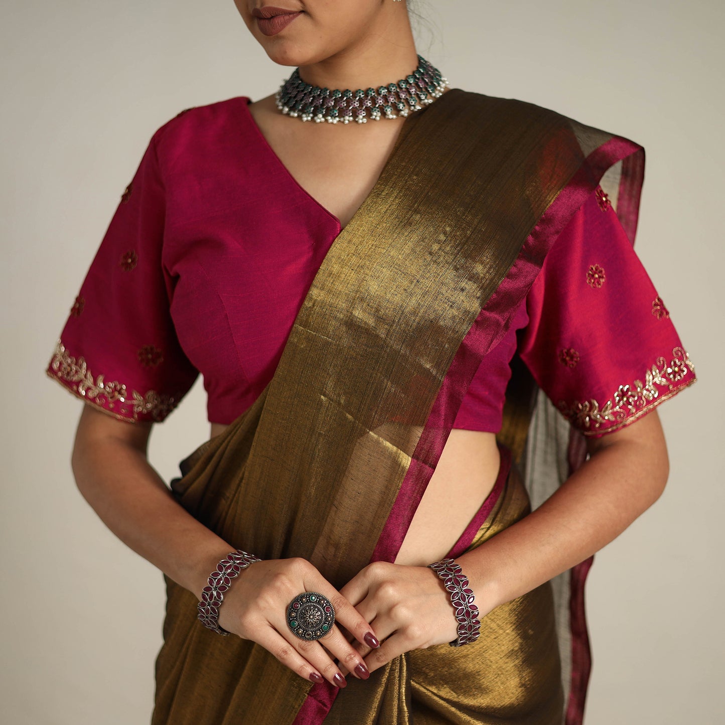 Brown - Fine Tissue Zari Bengal Saree with Embroidered Blouse 02