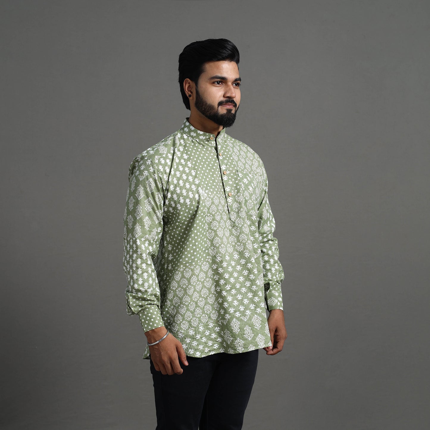 Kantha Stitch Cotton Short Sanganeri Kurta for Men 12