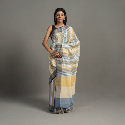 Beige - Stripes Cotton Handloom Saree 08