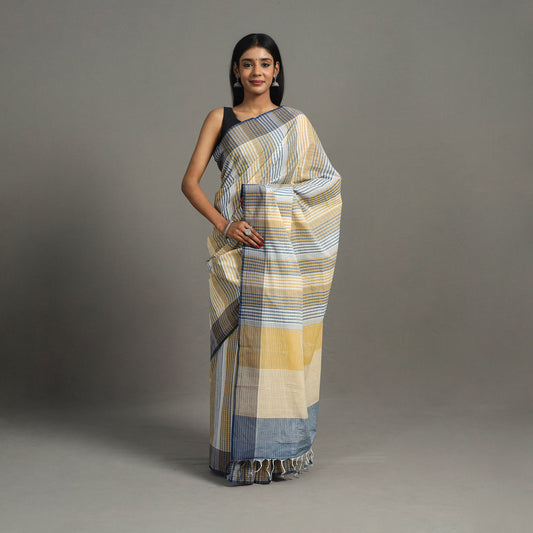 Beige - Stripes Cotton Handloom Saree 08