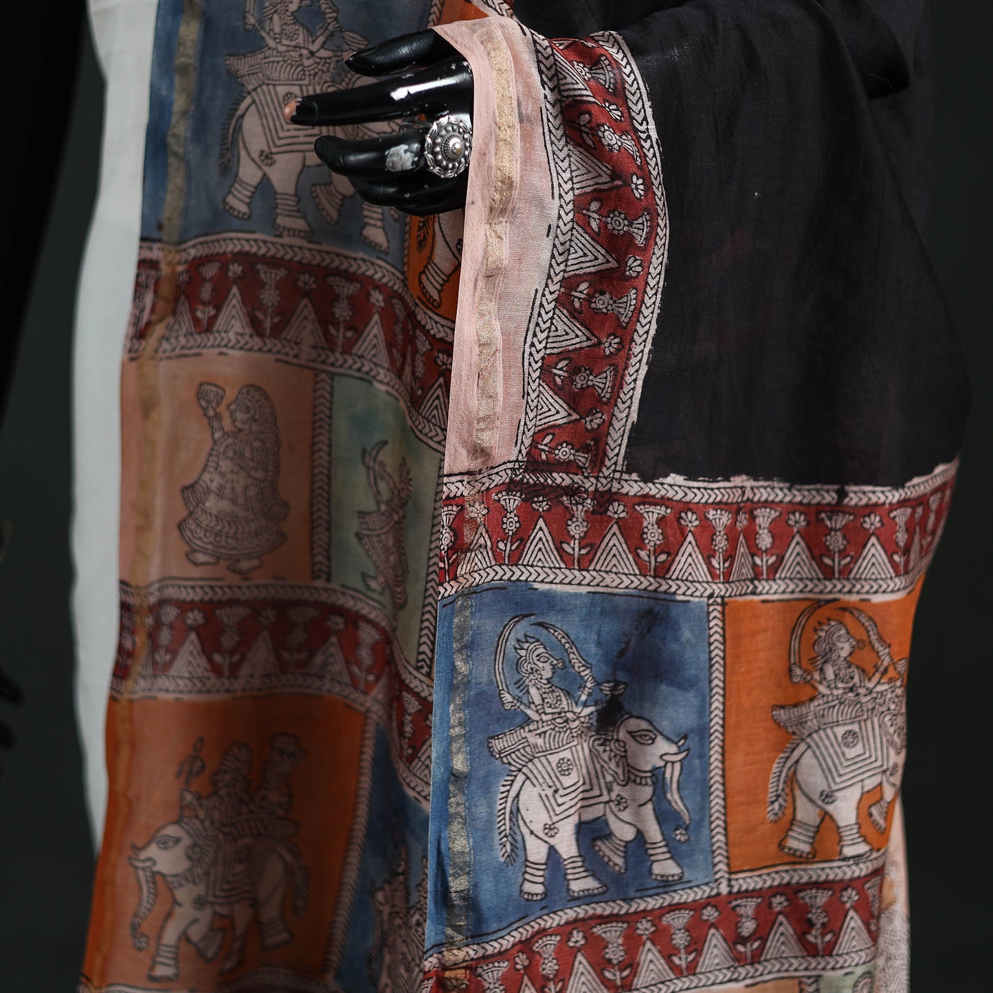 Multicolor - Mata Ni Pachedi Handpainted Natural Dyed Chanderi Silk Handloom Dupatta 08