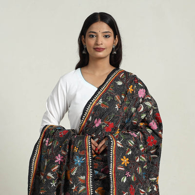 Black - Pure Silk Bengal Kantha Embroidery Dupatta 30