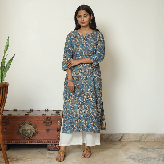 Blue - Kalamkari Printed Cotton Straight Kurta 72