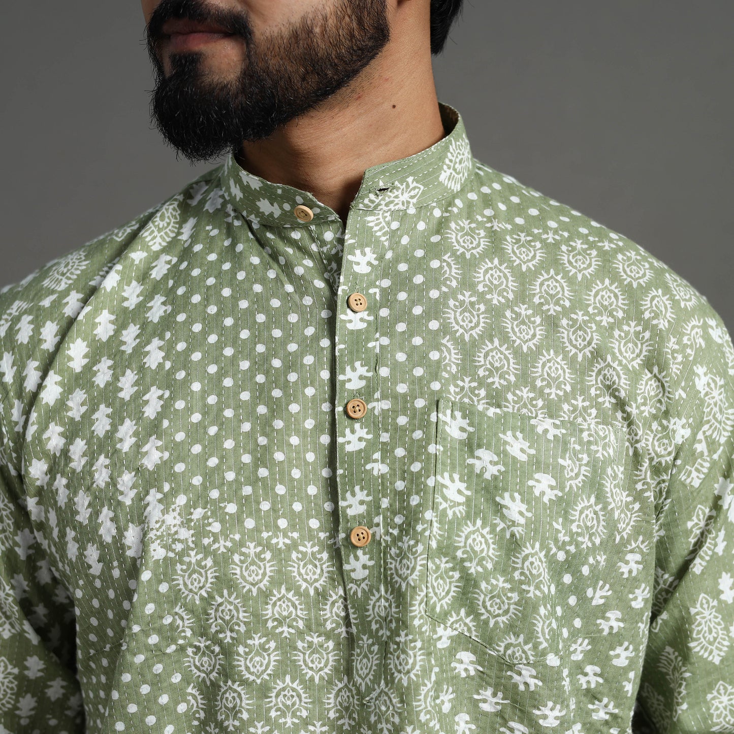 Kantha Stitch Cotton Short Sanganeri Kurta for Men 12