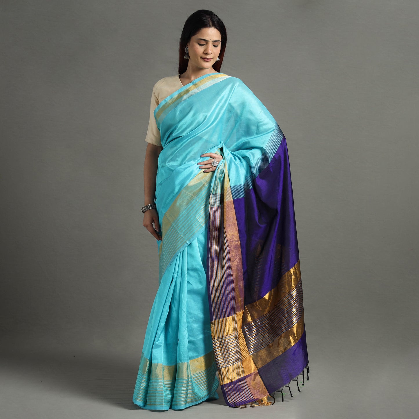 Blue - Traditional Venkatagiri Pure Handloom Silk Cotton Saree 13