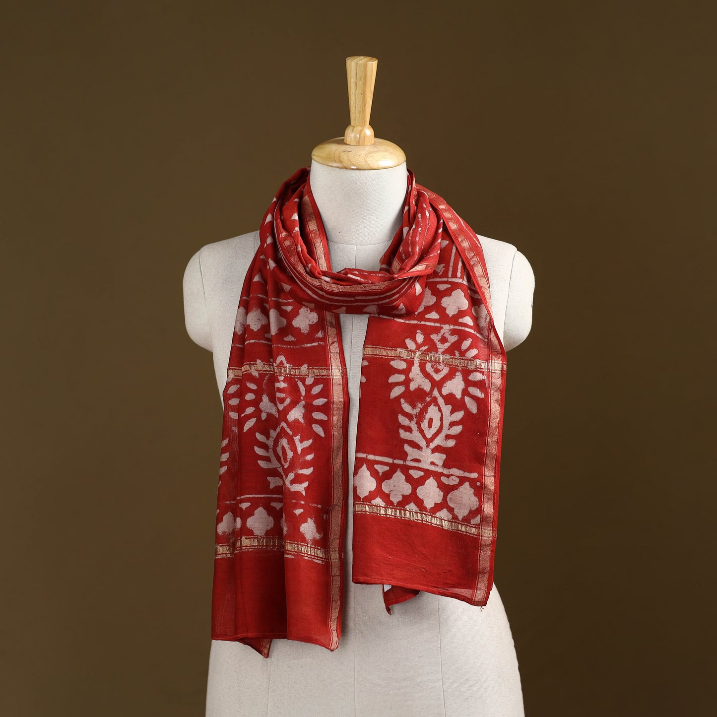 Red - Pipad Hand Block Print Natural Dyed Chanderi Silk Handloom Stole 44